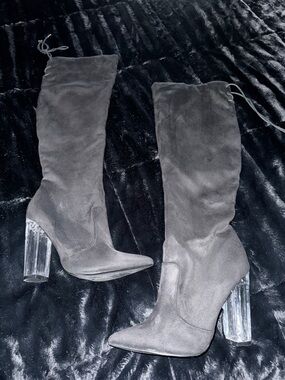 Fashion Nova Black Over-The-Knee Suede Boots with Clear Block Heel
